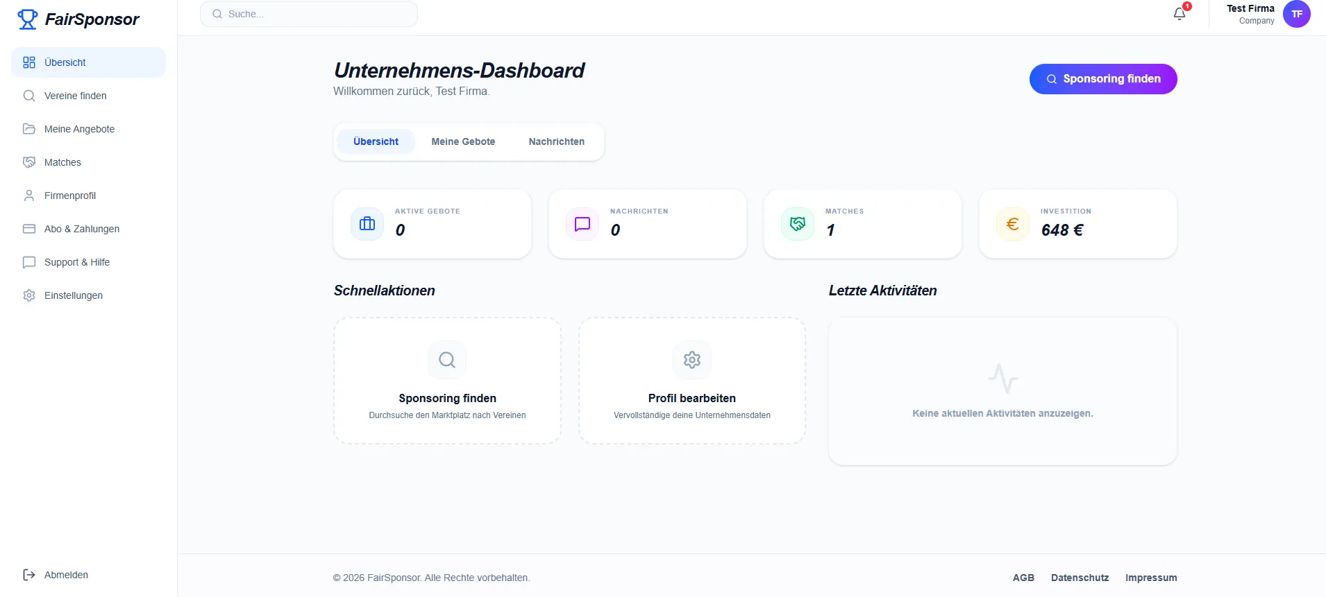 Firmendashboard bei FairSponsor