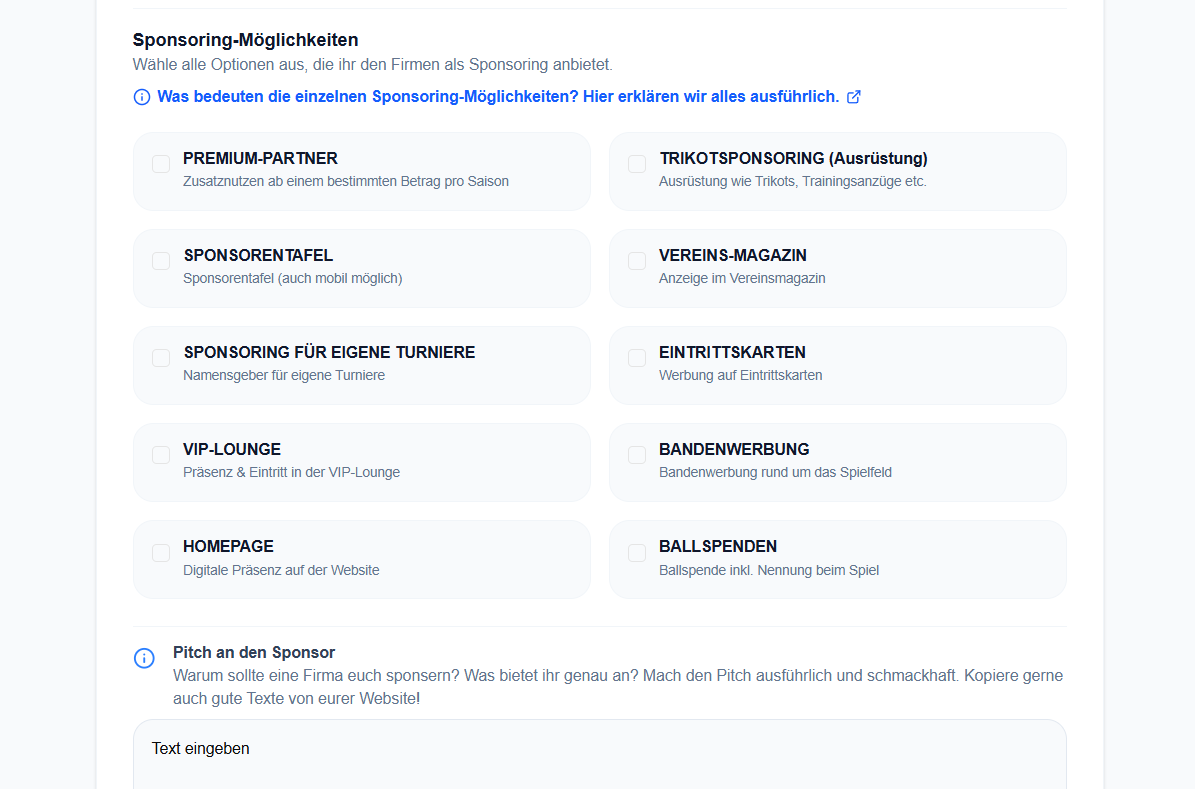 Screenshot aus FairSponsor, wo Vereine ihr Angebot unterbreiten