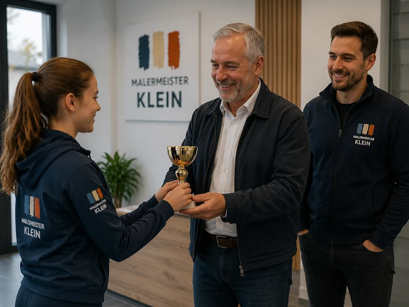 Eine gesponserte Spielerin übergibt einen Pokal an den Sponsor