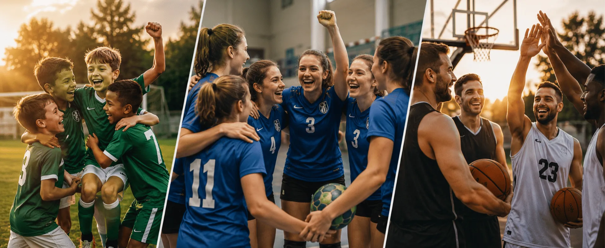 Ein 3-Spalter aus Fußball, Handball, Basketball mit gemischten Altersklassen und Ethnien